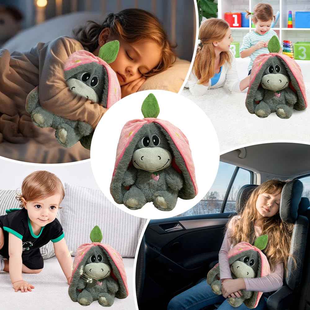 Atmendes Kuscheltier Esel, 32cm Herzschlag Plüsch Esel mit Atmung, Musik und Lichtern, Weiches Erdbeer Avocado Plüschtier Puppe, Kuscheltier Atmet Esels zum Linderung Angstzuständen (Rosa)