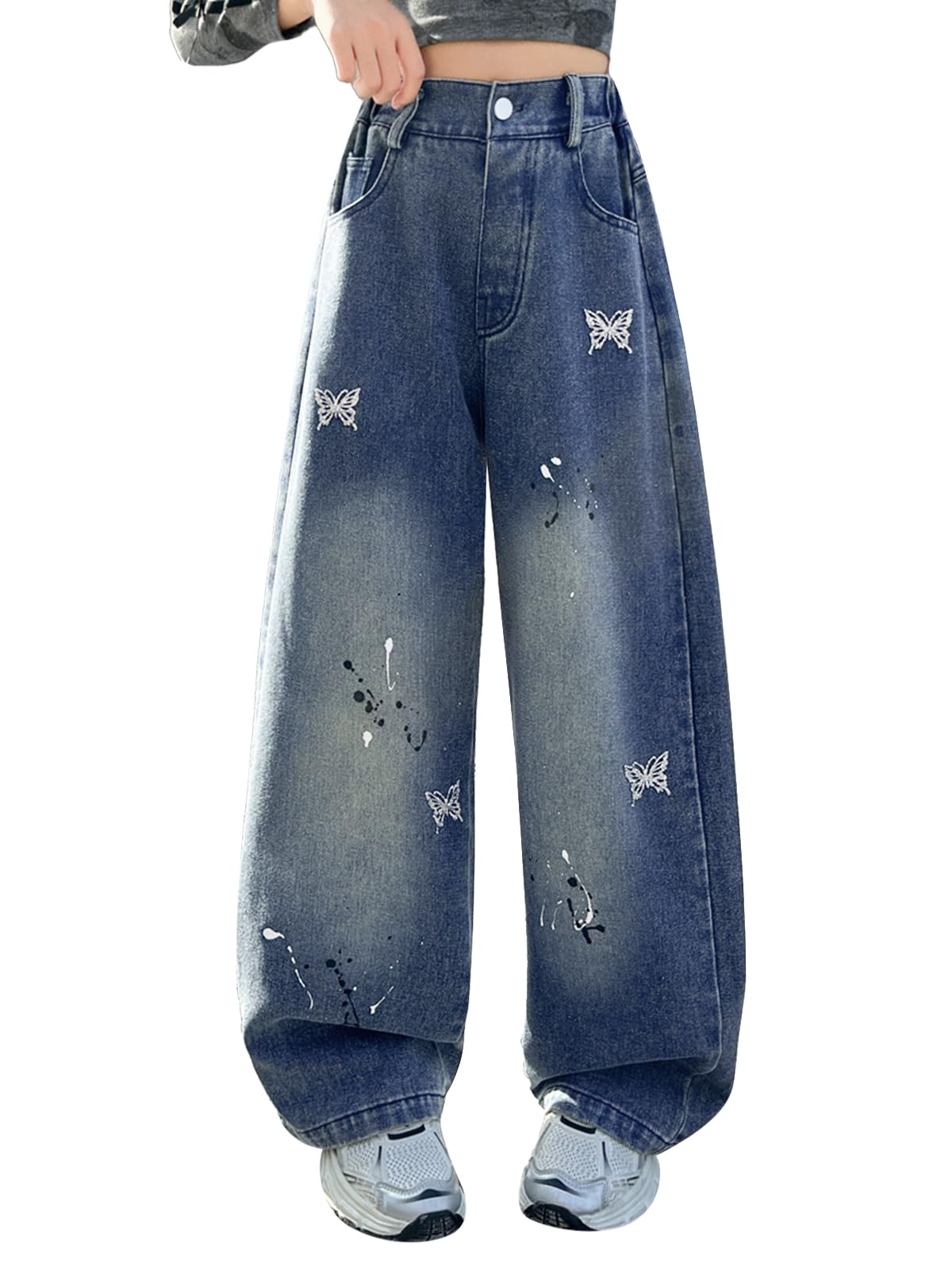 Rolanko Girls' Jeans Trousers with Hole, Denim Blue Jeans, Vintage Trousers With Wide Leg for Children