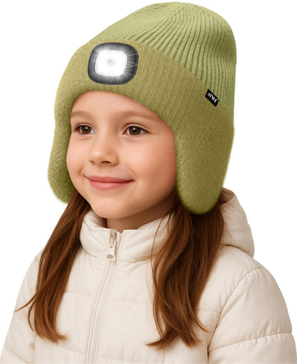 ATNKE Kinder LED Beleuchtete Ohrenklappen Mütze mit Licht,USB Wiederaufladbare 4 LED Laufmütze Stirnlampe Winter Warm Fleece Gefüttert Strick Mütze Geschenke für Jungen und Mädchen