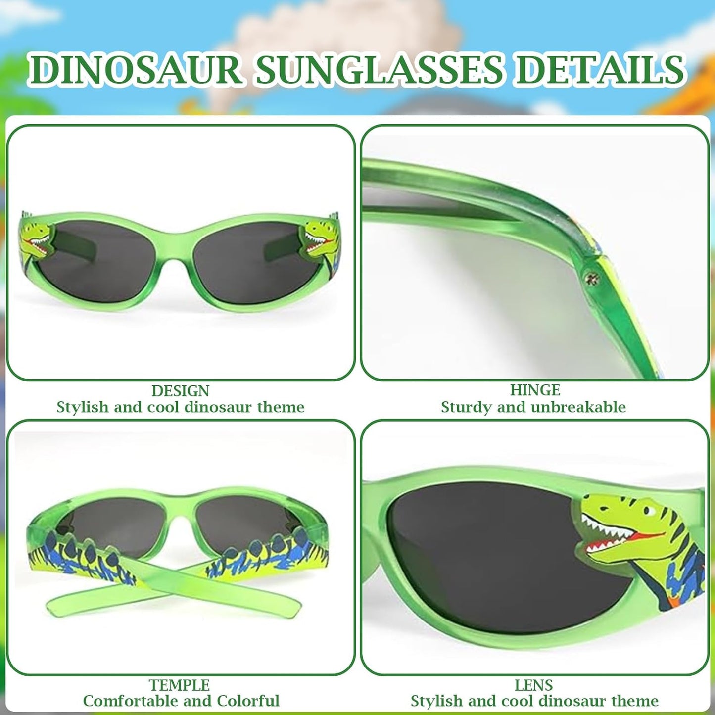 Fonyiunce Sonnenbrille Kinder, Sonnenbrille mit Leichtem Rahmen, Dinosaurier Sonnenbrille Jungen 3-10 Jahren, Baby Sonnenbrille, Mode Kindersonnenbrille, für Ferien Strand Freien Sommer Sport