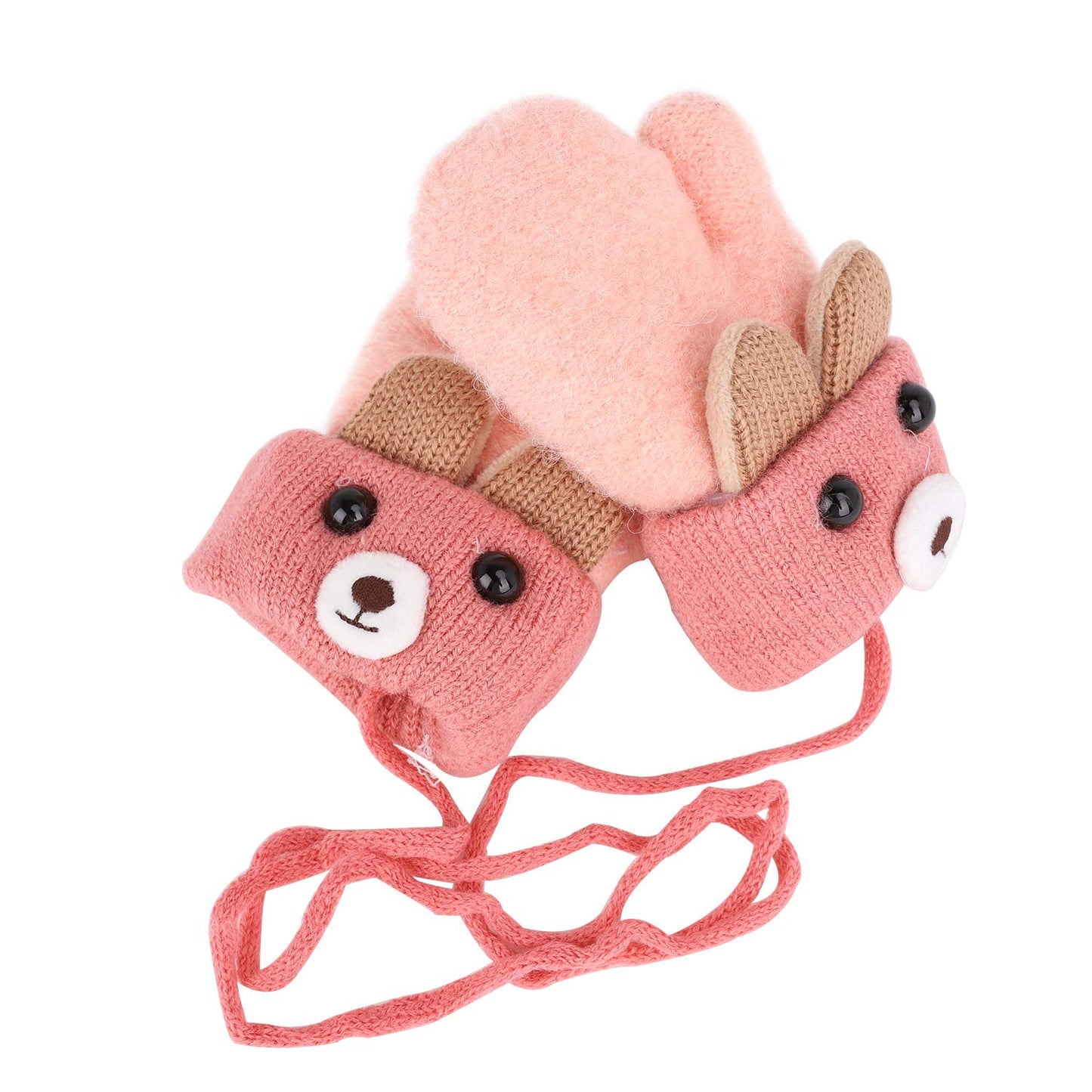 Kids Winter Gloves Mittens Baby Cartoon Mitten Neck Gloves Thick Double Knitted Glove with Plush,0 - 3 years old, Playing, Running, Skiing