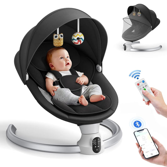 BlundiQue Babywippe Elektrisch mit Mobile App Steuerung und Fernbedienung,Elektrischer Babyschaukel Stuhl mit 5-Schwing Amplituden 3-Stufen Timer Elektrischer Prahler für Baby (schwarz)