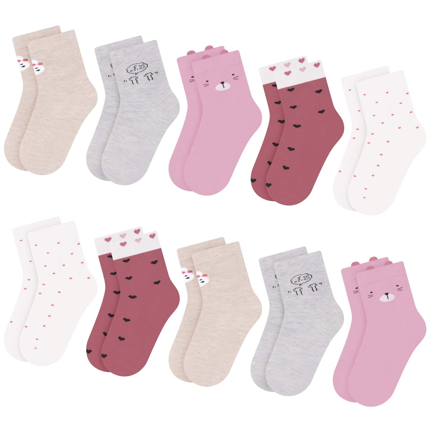 L&K-II 10/12 Paar Kinder Mädchen Socken mit niedlichen Herzmustern Kids Füßlinge Sneakersocken bunt 2825