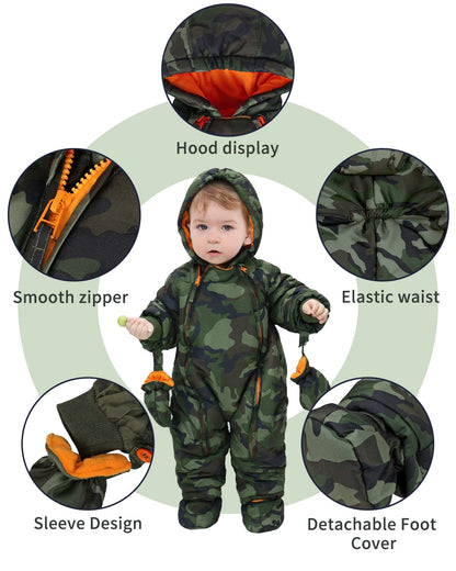 Baby Romper with Hood, Snowsuits with Gloves and Booties, for Toddlers, Fleece Cotton Romper for Toddlers, Boys and Girls, Warm Jumpsuit, Winter Jacket, 6-9 Months