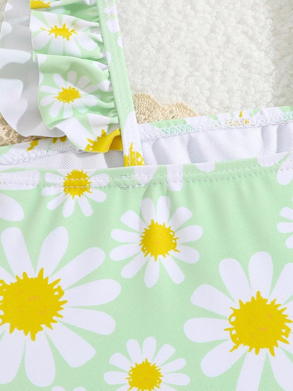 JiAmy Einteiliger Mädchen Badeanzug Blumenmuster Rüschen Elastischen Trägern Ärmellos Kleinkinder Schwimmkleidung für 2–7 Jahre/92-122