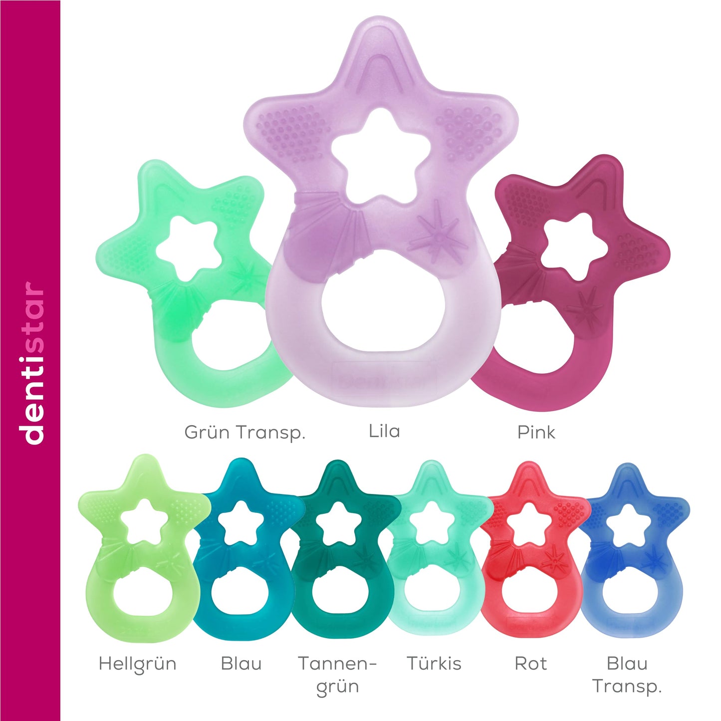 Dentistar Beißring 2er-Set – Teether für Babys & Kleinkinder ab 3 Monate – Baby Beißring mit Griff aus weichem Material zur Zahnungshilfe & Massage – Made in Germany – Pink & Lila