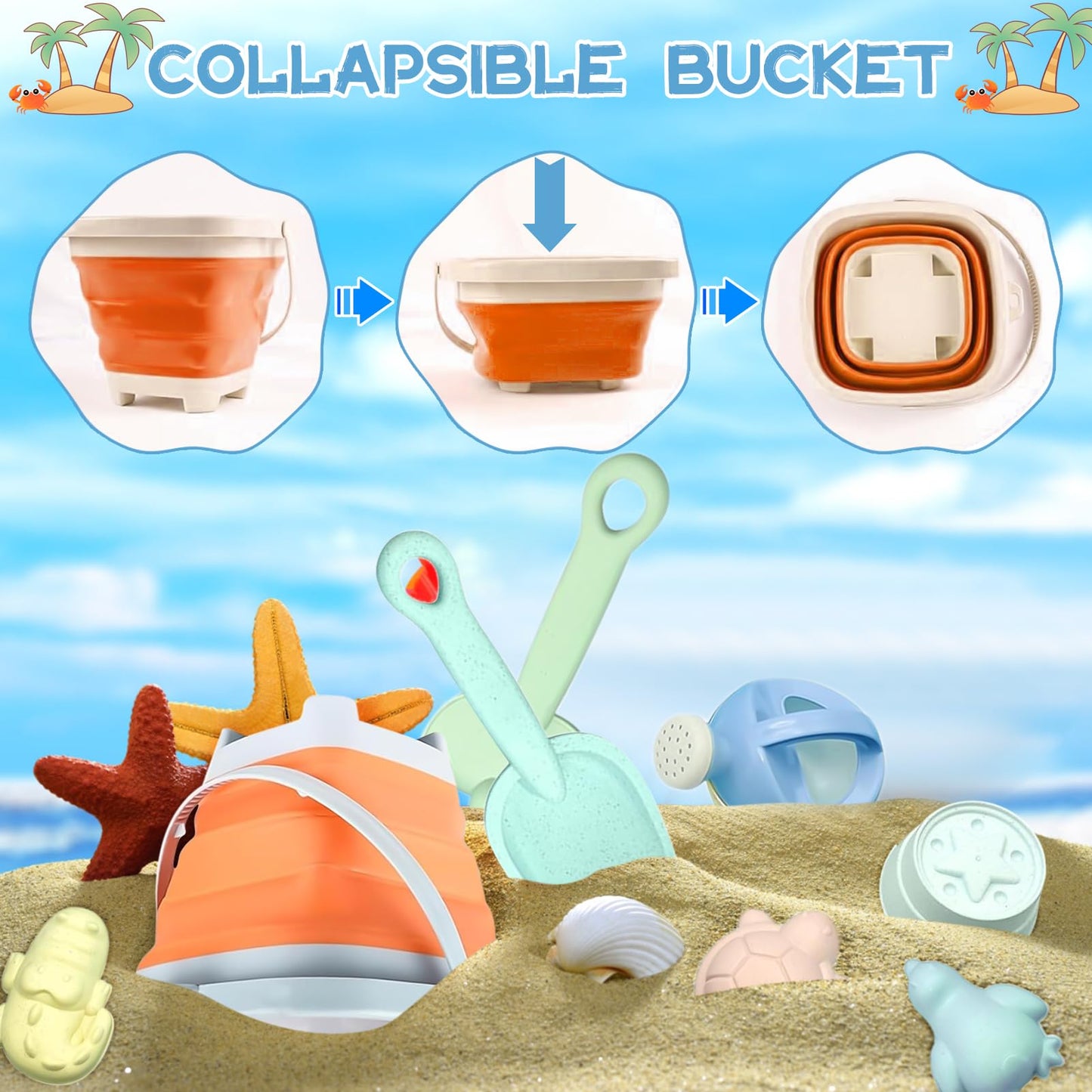 11pcs Sandspielzeu Set,Sandspielzeug Kinder,Sandkasten Spielzeug,sandspielzeug Eimer,silikon sandspielzeug,mit Faltbarer Eimer, Schaufel, Sandharke, Sandförmchen, Für Kinder Jungen Mädchen (Orange)
