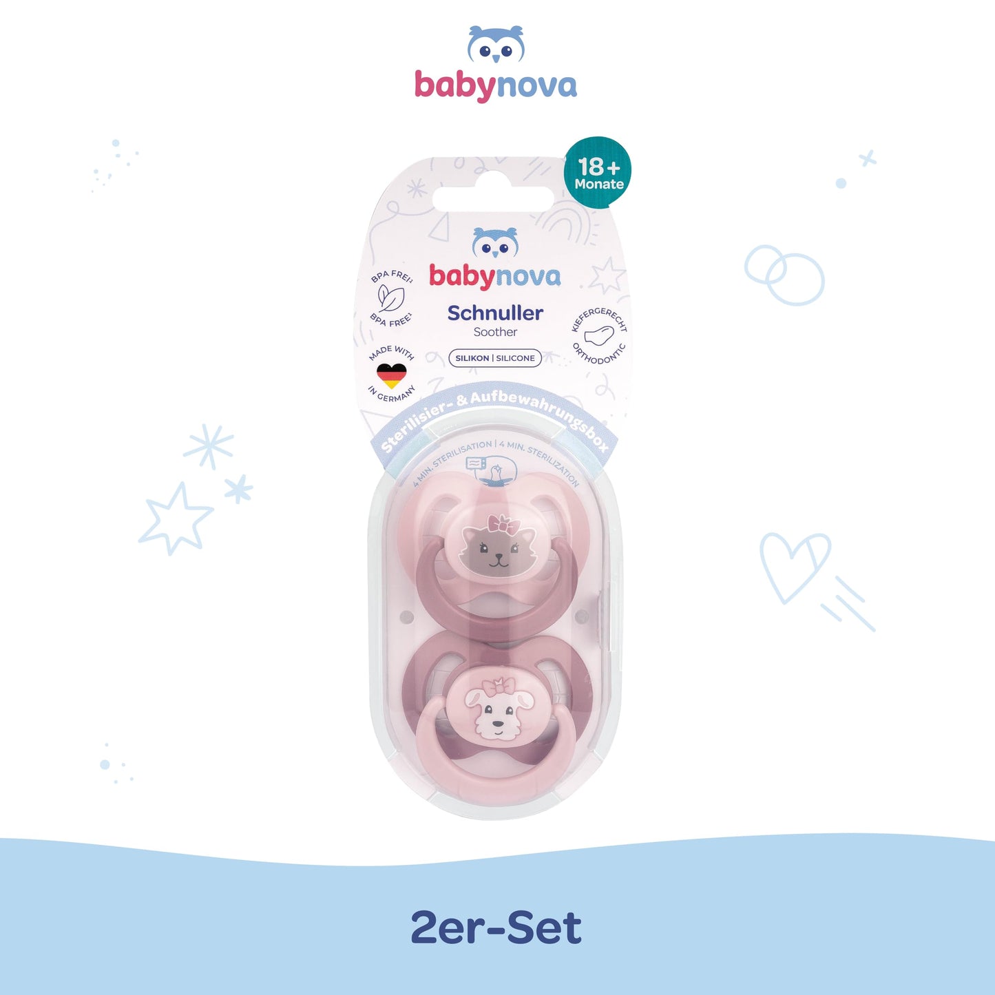 babynova Silikon Schnuller 2er-Set mit Sterilisationsbox - Schnuller Größe 1, 0-6 Monate - kiefergerechter Nuckel – BPA-frei – Made in Germany - Elefanten