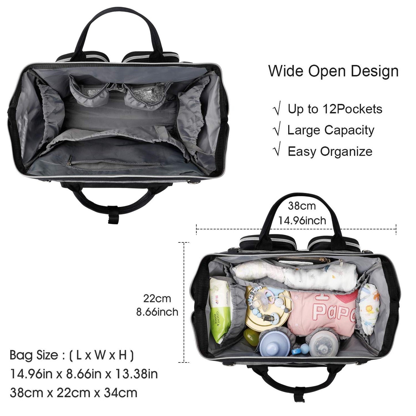 Wickeltasche mit wasserdicher Wickelunterlage und 2 Kinderwagen Haken verstellbare Schultergurt multifunktionale Umhängetasche Reisetasche für Unterwegs