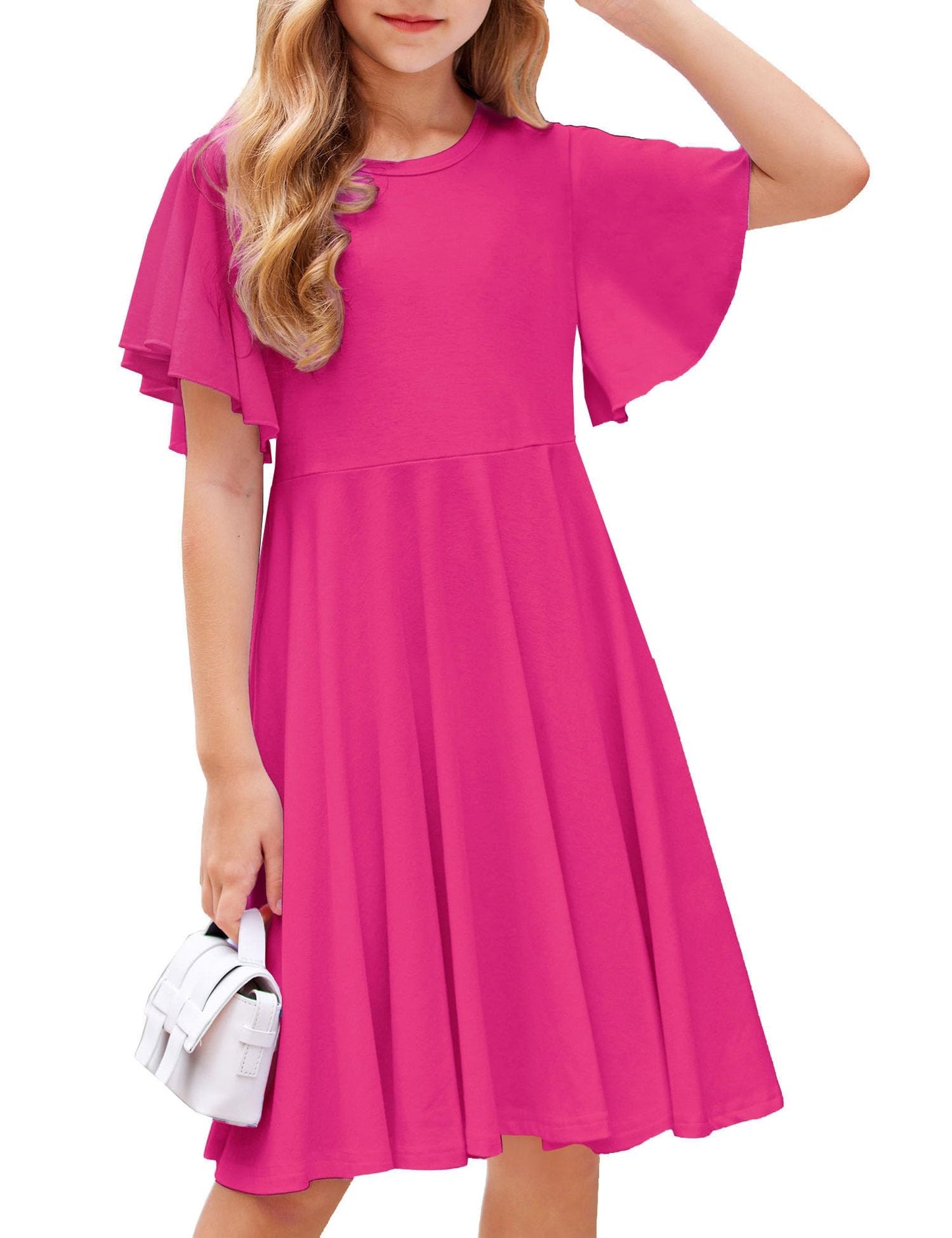 Arshiner Kleider für Mädchen Schmetterlingsärmel Kleid Kinder A-Line Swing Kleid Rundhals Sommerkleid Baumwollekleid Festlich Partykleid Hochzeit Lässige Kinderkleidung mit Tasche