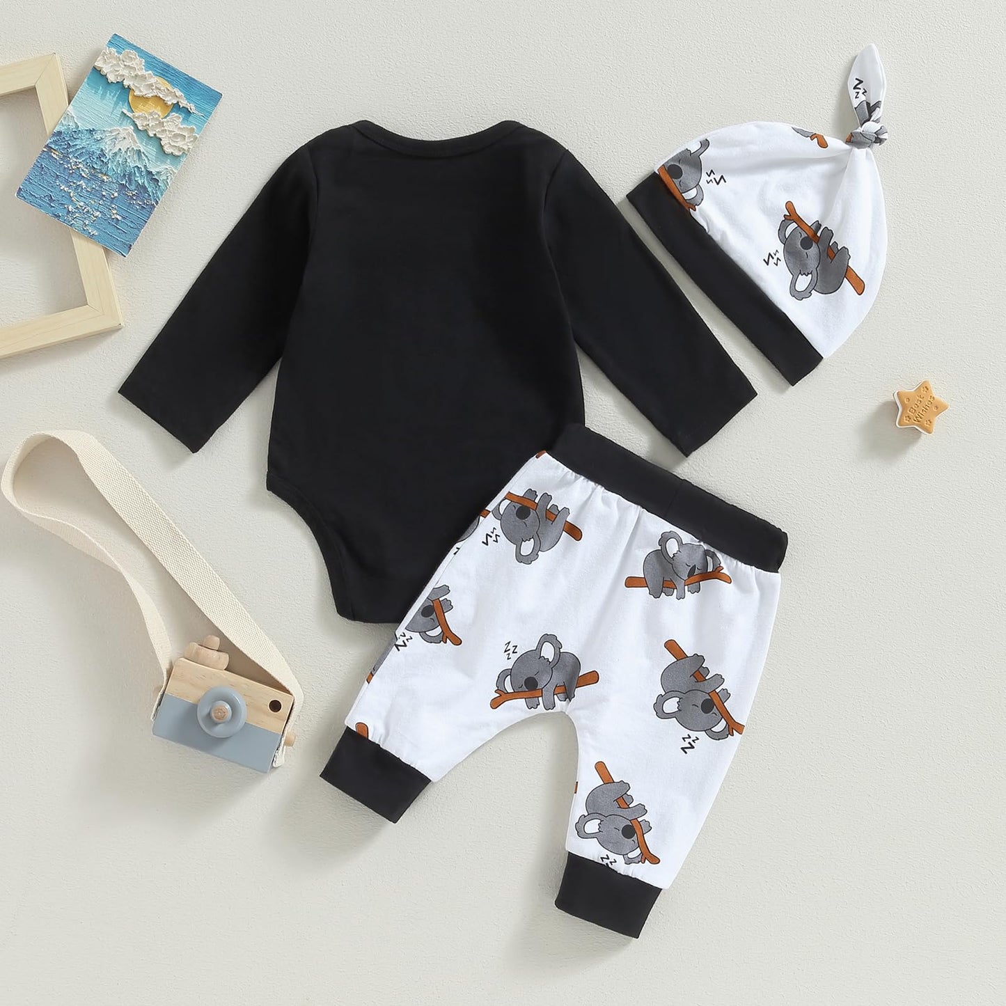 Himllauen Baby Jungen Mädchen 3-teiliges Set Koala Print Body + Hose + Hut Baby Set Kleinkind Kleidung Niedliche Outfit