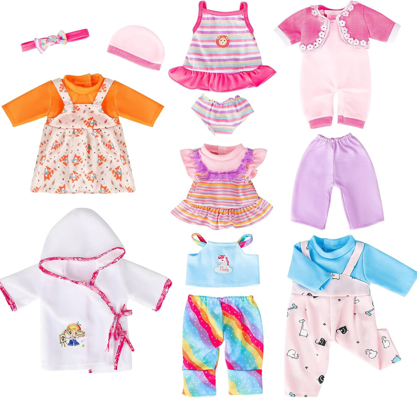 deAO Puppenkleidung Set für 36 cm Babypuppen, 14 Zoll Puppen Kleidung Outfit Zubehör Kleider, Hosen, Badeanzug, Geschenk für Rollenspiele ab 3 Jahre Mädchen(Puppe Nicht inklusive) | 7 Stück