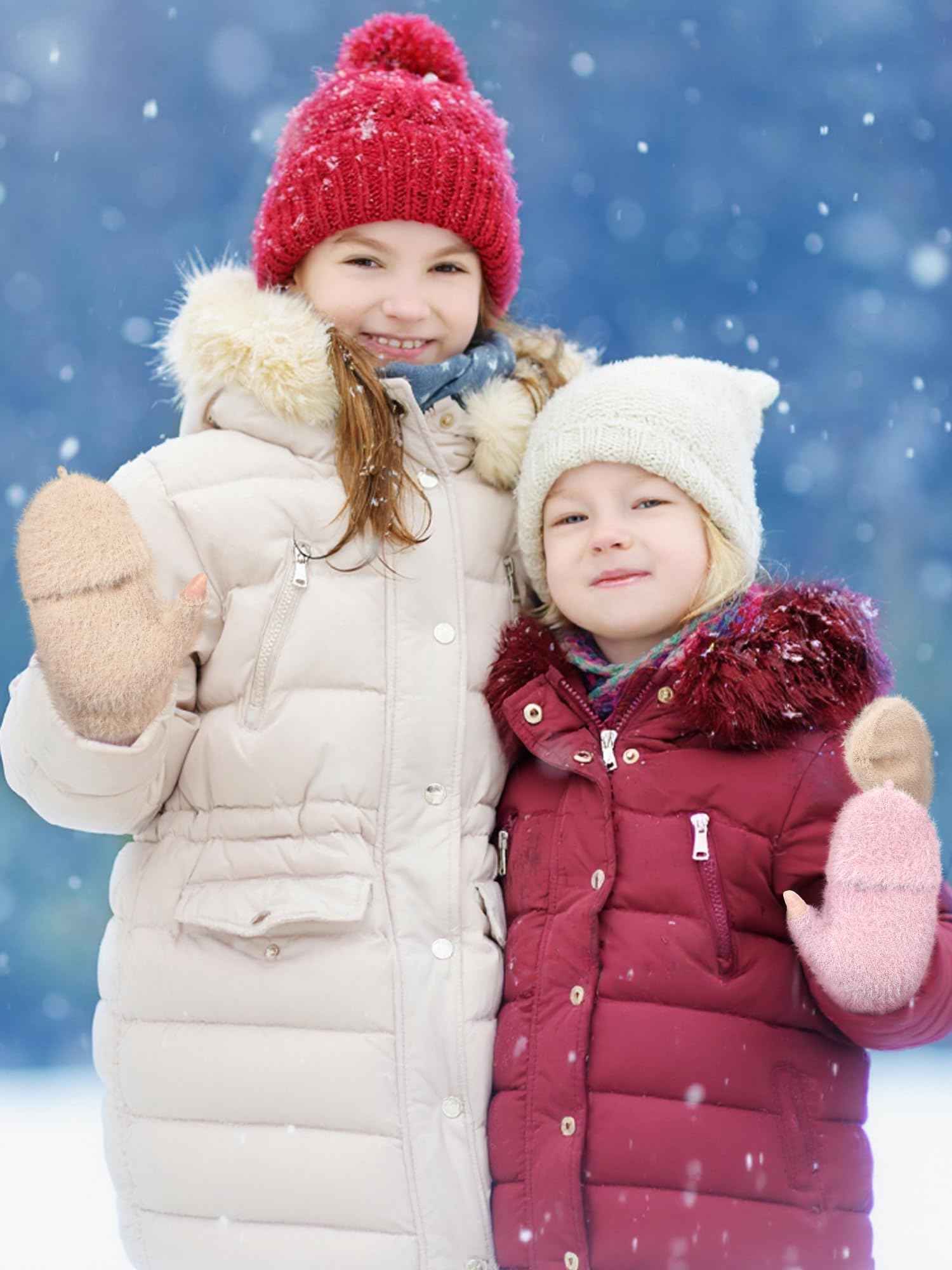 Geyoga 3er Pack Fingerlose Handschuhe mit Klappe Damen Winter Halbfinger Fäustlinge Handschuhe für Kinder