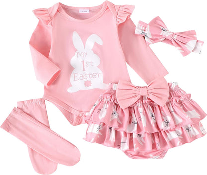 Baby Mädchen Outfit Rüschen Langarm My 1. Valentinstag Osterhase Strampler + Tutu Rock + Strümpfe mit Stirnband Babykleidung Set Neugeborene Fotoshooting Kleid für 0-18 Monate