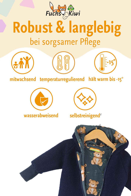 Fuchs & Kiwi Walkoverall Baby Boys - Natural Virgin Wool & Jersey Lining - Oeko-Tex, Skin-Friendly - Handmade in Berlin - Wool Walk Overall Baby & Toddler - Winter & Autumn