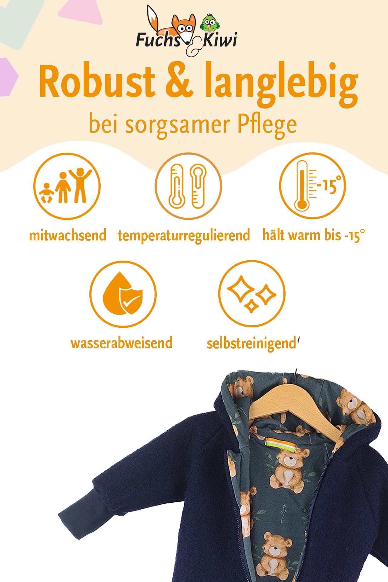 Fuchs & Kiwi Walkoverall Baby Boys - Natural Virgin Wool & Jersey Lining - Oeko-Tex, Skin-Friendly - Handmade in Berlin - Wool Walk Overall Baby & Toddler - Winter & Autumn