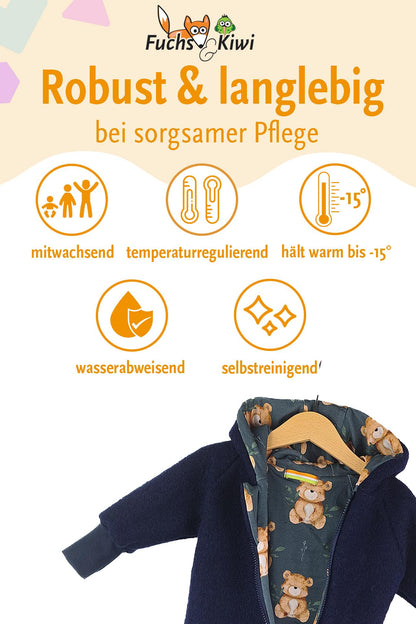 Fuchs & Kiwi Walkoverall Baby Boys - Natural Virgin Wool & Jersey Lining - Oeko-Tex, Skin-Friendly - Handmade in Berlin - Wool Walk Overall Baby & Toddler - Winter & Autumn