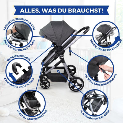 Mobiclinic® kids, Kinderwagen + babywanne, 2 in 1, Nuit, Ultrakompakt, 5-punkt-gurtsystem, 22 kg, Einhandbedienung, Verstellbar, Verstellbare rückenlehne, Motorhaube, Korb, Fußbremse, Wendbar