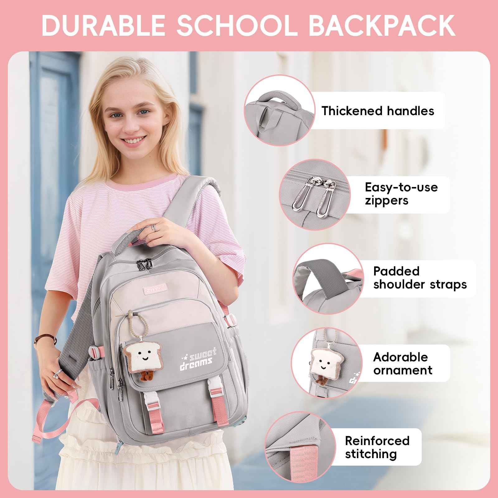 School Backpack Teenager - 36L School Bag for Girls from 5th Grade, Large Backpack for Middle and High School, Casual Children's Backpack with Cute Pendant and Trolley Strap, black, Rucksack