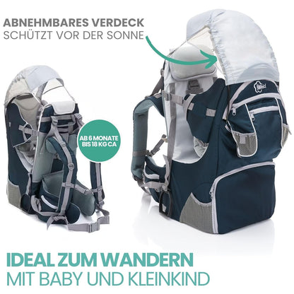Fillikid Rückentrage - Rücken Babytrage mit Sonnenschutz, Gurt, Kinder Rucksack und Staufächern - Kraxe zum Wandern mit Baby und Kleinkind, bis 18 kg - Blau Grau