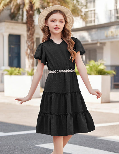 Arshiner Mädchen Kleid Festliches Rüschenärmel Sommerkleider V-Ausschnitt Partykleid Swiss Dot Stufenkleid Kinder A-Linie Swing Kinderkleid mit Tasche 3-12 Jahre