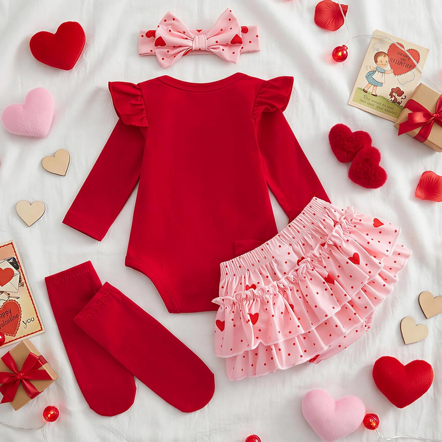 Baby Mädchen Outfit Rüschen Langarm My 1. Valentinstag Osterhase Strampler + Tutu Rock + Strümpfe mit Stirnband Babykleidung Set Neugeborene Fotoshooting Kleid für 0-18 Monate