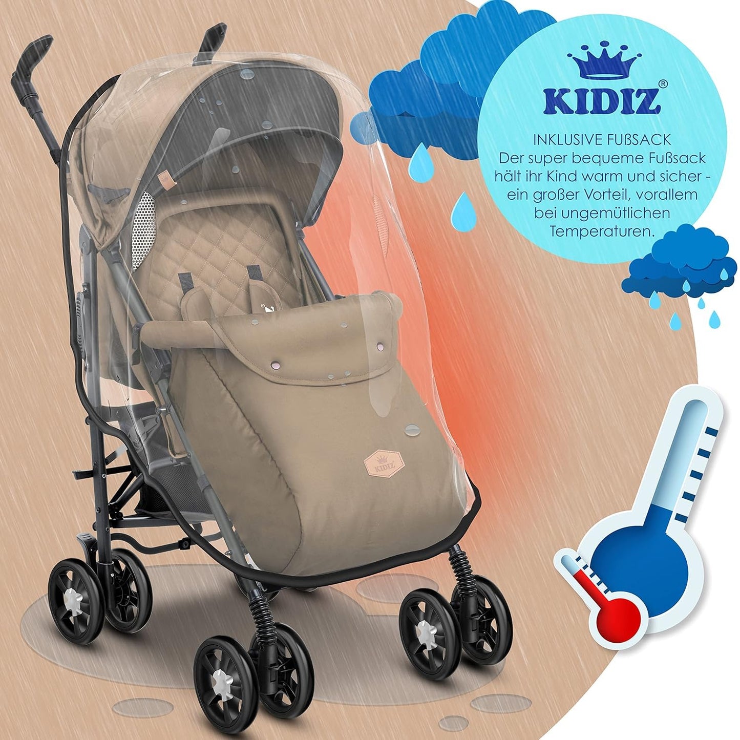 KIDIZ® City-Pro Pushchair Folding Pushchair Pushchair Sports Pushchair Foldable 360° 6 Inch Wheels Includes Mosquito Net, Footmuff and Rain Cover Foldable Sleep Function Blue 