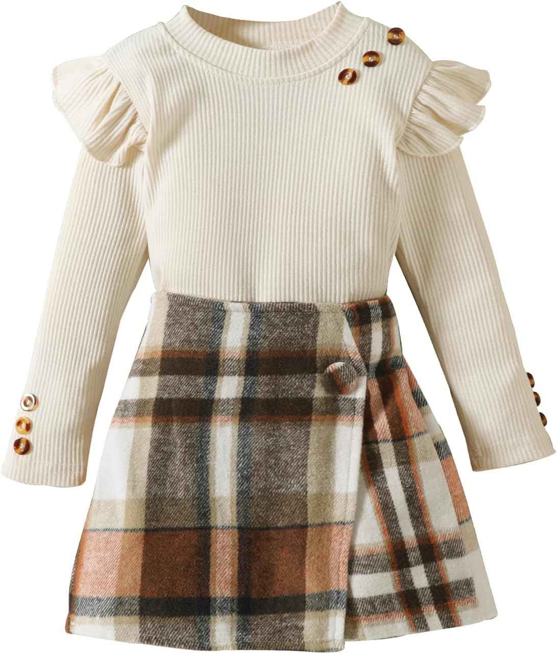 UUAISSO Kleinkind Baby Mädchen Kleidung Langarm Gerippte Oberteile Plaid Tweed Muster Rock Baskenmütze Herbst Knopf Outfits Sets