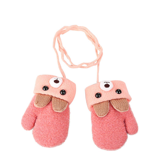 Kids Winter Gloves Mittens Baby Cartoon Mitten Neck Gloves Thick Double Knitted Glove with Plush,0 - 3 years old, Playing, Running, Skiing