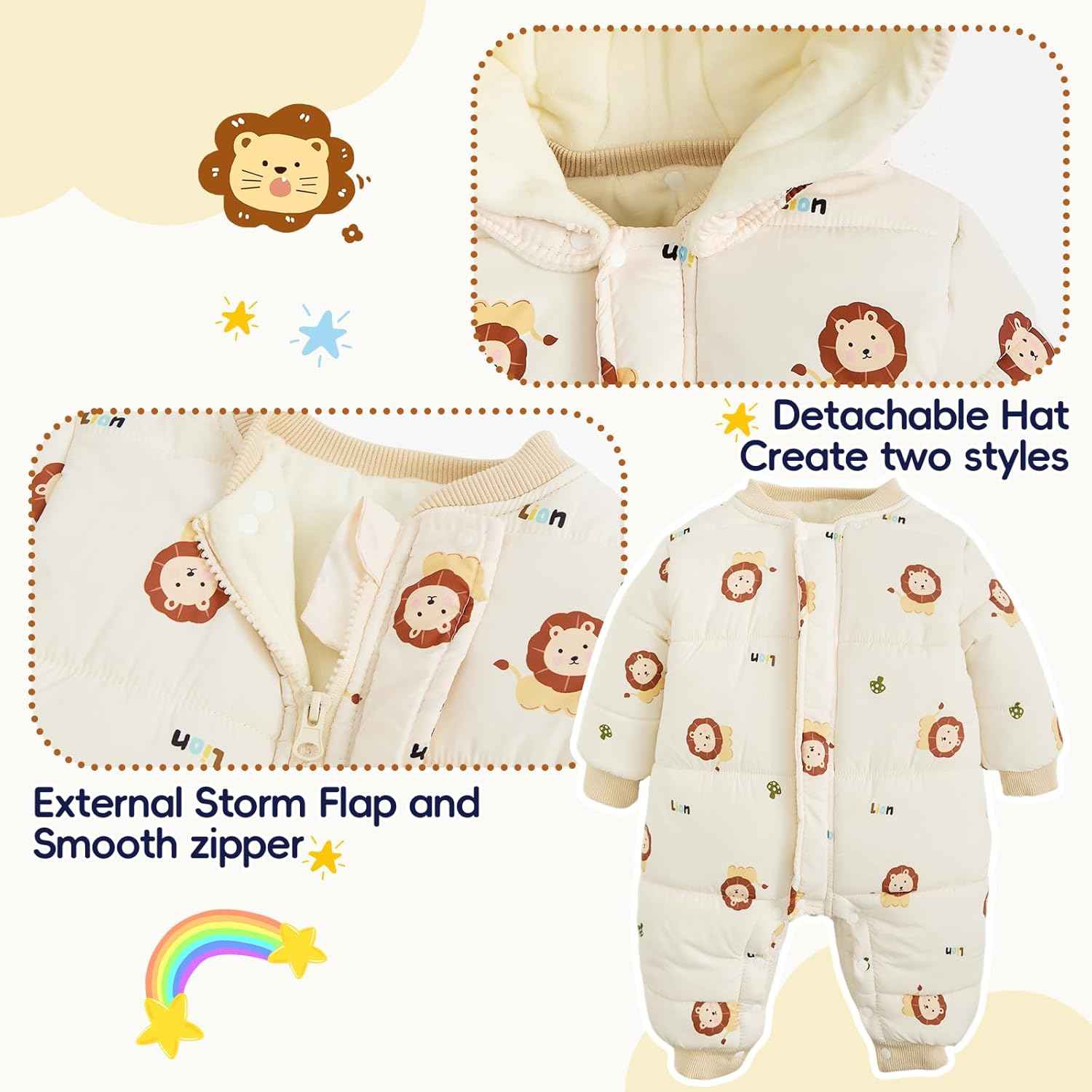 JiAmy Baby Snowsuit, Toddler Winter Romper Girls Boys Winter Jumpsuit with Hood Long Sleeve Jumpsuit Cute Prints for 3-24 Months