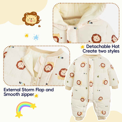 JiAmy Baby Snowsuit, Toddler Winter Romper Girls Boys Winter Jumpsuit with Hood Long Sleeve Jumpsuit Cute Prints for 3-24 Months