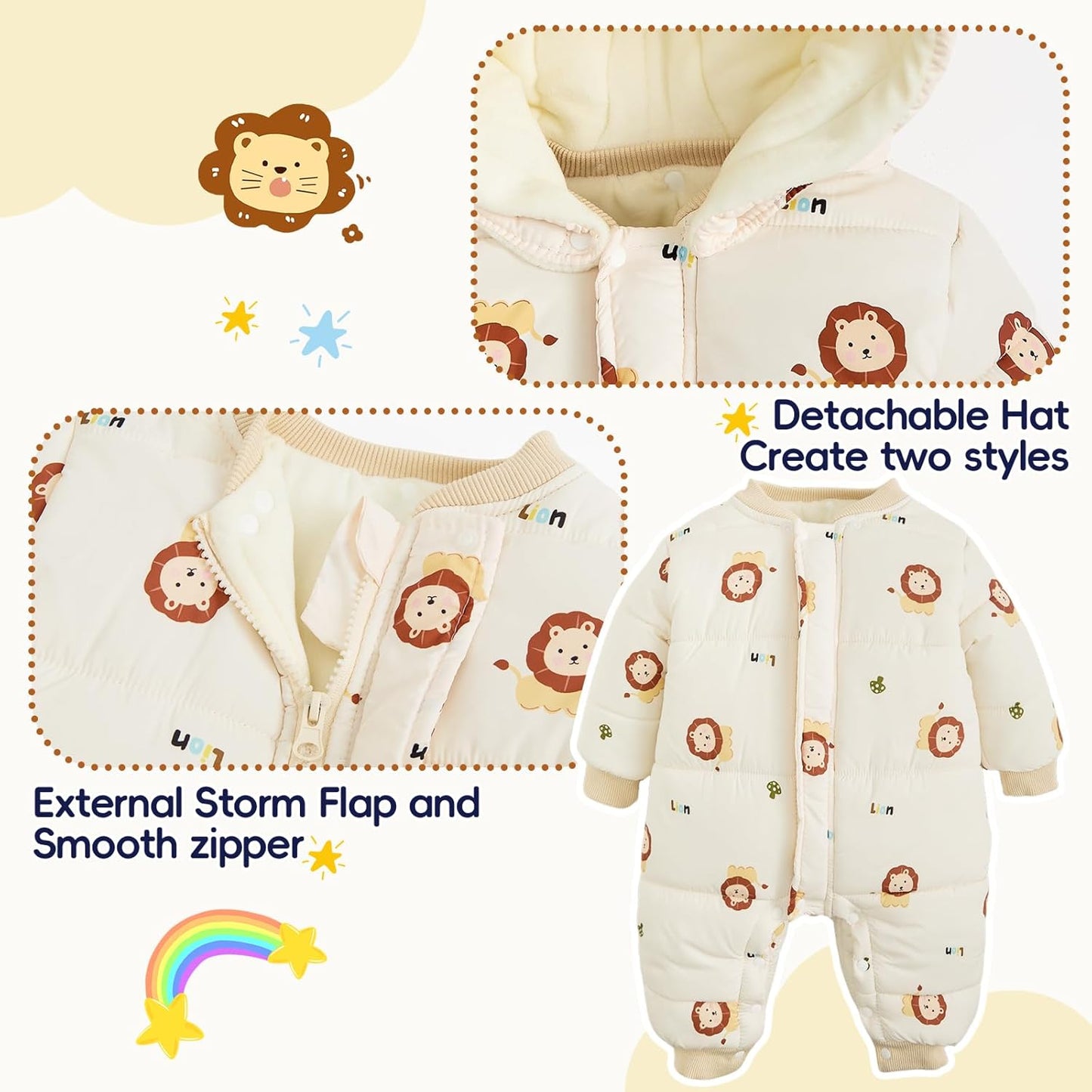 JiAmy Baby Snowsuit, Toddler Winter Romper Girls Boys Winter Jumpsuit with Hood Long Sleeve Jumpsuit Cute Prints for 3-24 Months