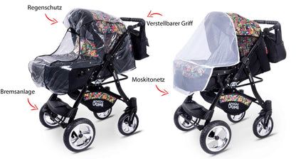 GaGaDumi Urbano Kinderwagen 3 in 1 Komplettset mit Autositz - Baby Stroller 3 in 1 TÜV - Kombikinderwagen 3 in 1 Komplettset Voll-Gummireifen - Blau Schwarz
