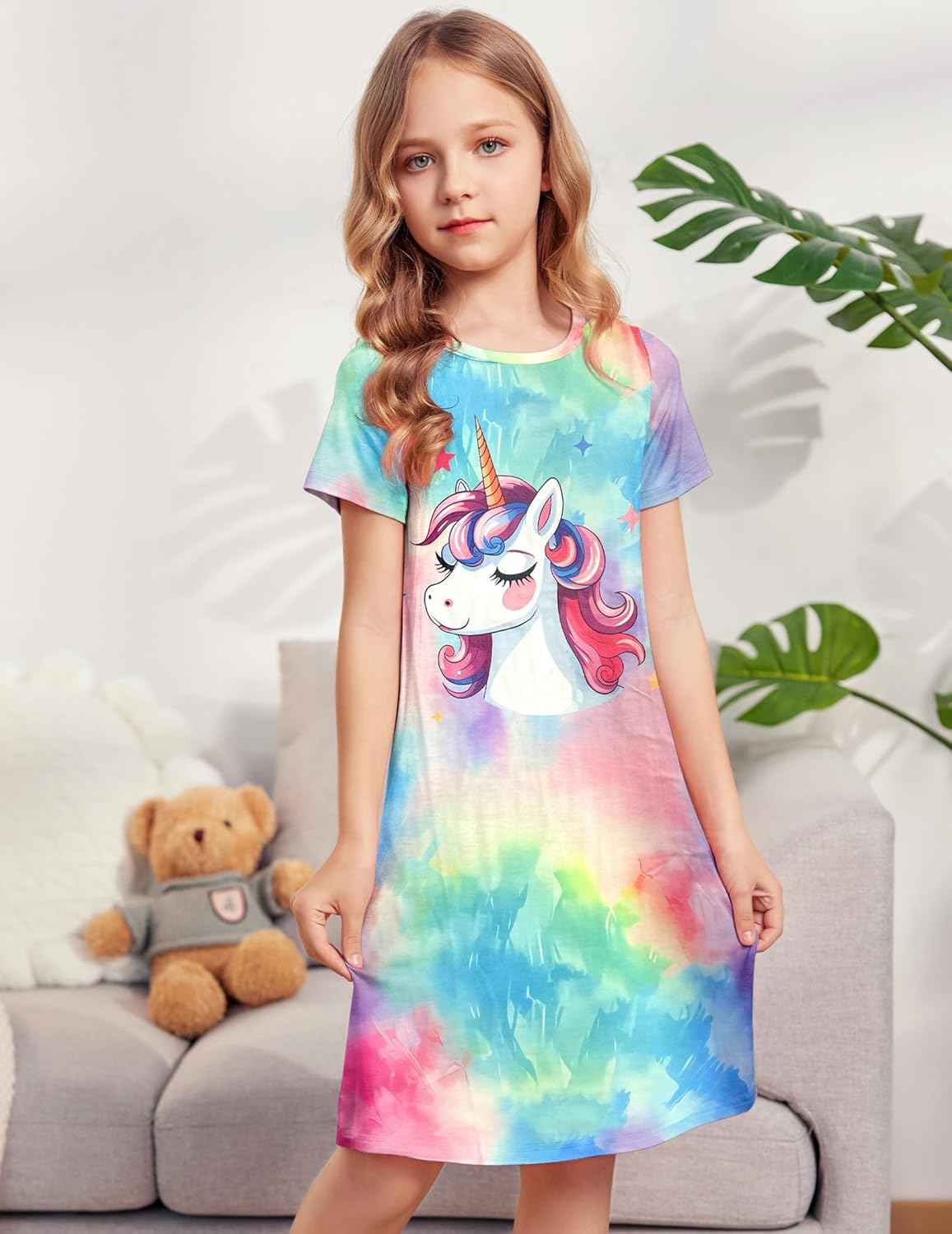 Arshiner Nightdress Girls Short Sleeve Pyjamas Children's Sleep Dress Cat Unicorn Crew Neck Night Dress 4-12 Years