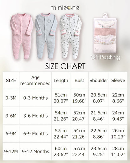 Minizone Baby Schlafstrampler 3er Pack, Pyjamas Langarm Strampler Jungen Mädchen Geschenk 9-12 Monate