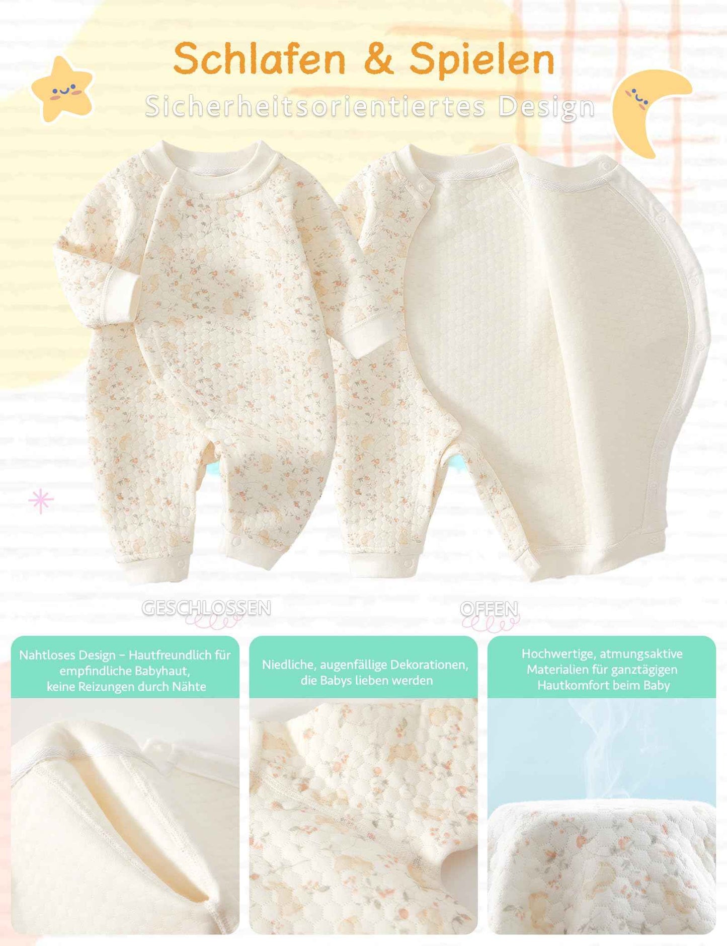Newborn Unisex Romper, Long Sleeve Jumpsuit, 100% Cotton, Soft & Comfortable, for Outerwear & Sleepwear, Suitable for All Seasons