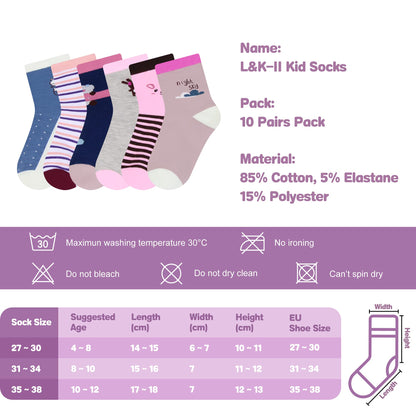 L&K-II 10/12 Paar Kinder Mädchen Socken aus Baumwolle Kleinkind niedliche Muster Kids Sneakersocken bunt 2808VA