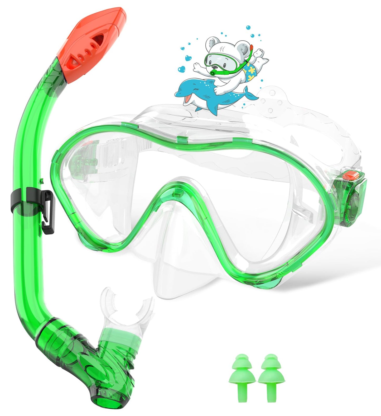 Sporzin Children's Diving Goggles Snorkel Set - Snorkel with Dry Snorkel Mask 180° Panoramic View HD and Anti-Fog Silicone Diving Mask and Swimming Goggles with Ear Plugs 4-12 Years