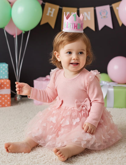 PATPAT Baby Girls' Tulle Dress with Long Sleeves, Tutu for Toddlers, Perfect as a Flower Girl or Christmas Party Birthday Long Sleeve Princess Dress, 3-24 Months