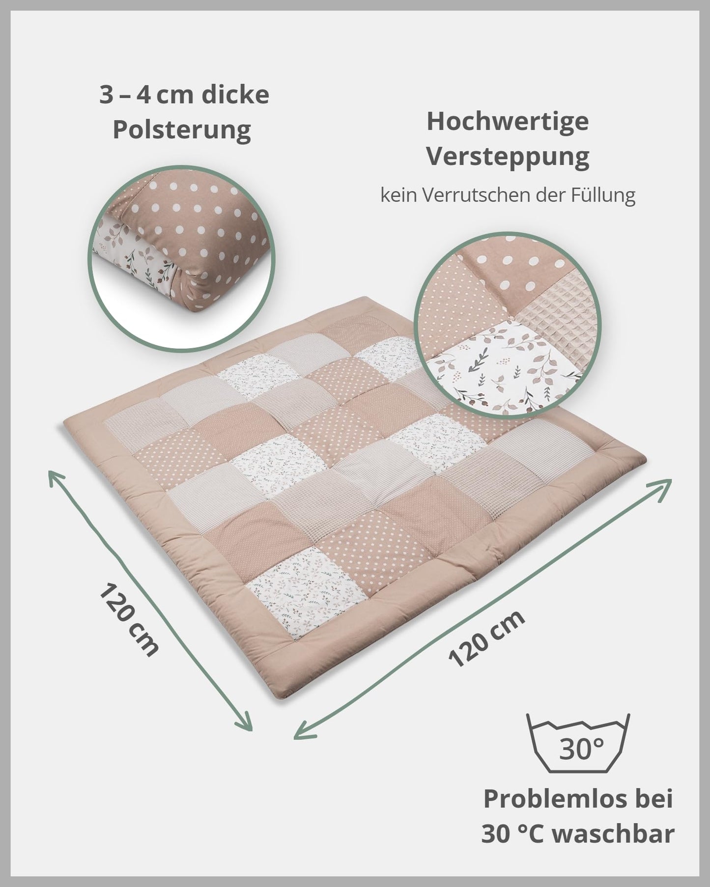 ULLENBOOM Krabbeldecke für Baby 100x100 cm, 100% OEKO-TEX Materialien, Made in EU, Dick & weich gepolstert, Sandblume - ideal als Babydecke, Laufgittereinlage & Spieldecke Baby