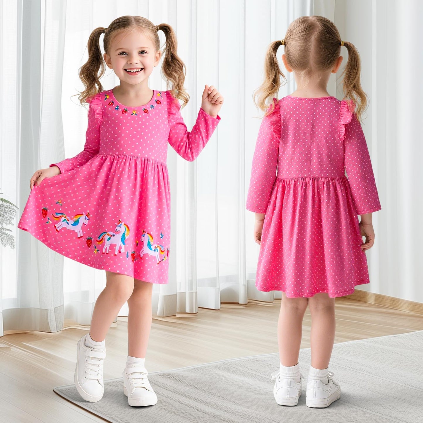 Mädchen Kleid Baumwolle Rundhals Rüschen Ärmellos Lässige Einhorn Cartoon-Applikationen Blau/Weiße Gestreift Kleidung Kinder Sommer Party Festliches Prinzessin A-Linie Kleider Gr. 98-128