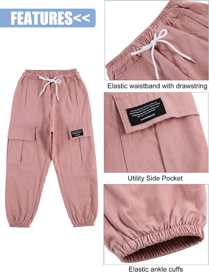 SEAUR Cargo Pants Girls Casual Pants Hip Hop Pants with Elastic Waist Sports Pants Jogging Pants with Pockets Drawstring Training Pants Sport Leisure Streetwear - 100-160cm 