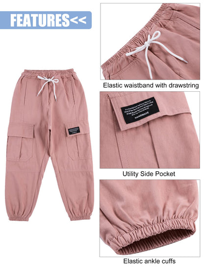 SEAUR Cargo Hose Mädchen Freizeithose Hip Hop Hose mit Gummibung Sporthose Jogginghose mit Taschen Kordelzug Trainingshose Sport Freizeit Streetwear - 100-160cm