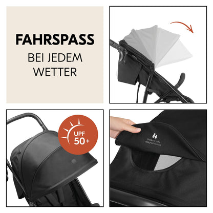 hauck Buggy Rapid 3R für Kinder bis 22 kg, Gummi Reifen, Klein Zusammenklappbar, UV-Schutz 50+, mit Schlaffunktion ab Geburt, Höhenverstellbarer Schieber, Großer Korb bis 3 kg (Black)