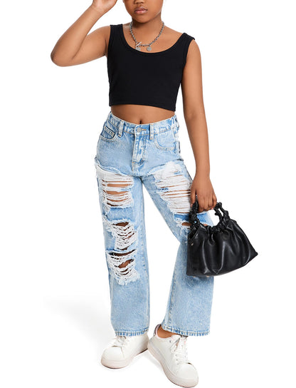 Happy Cherry Mädchen Jean Hosen Loch Wash Denim Blau Hose Kinder Elastische Taille Vintage Jeans Weites Bein Jeanshosen 130-160