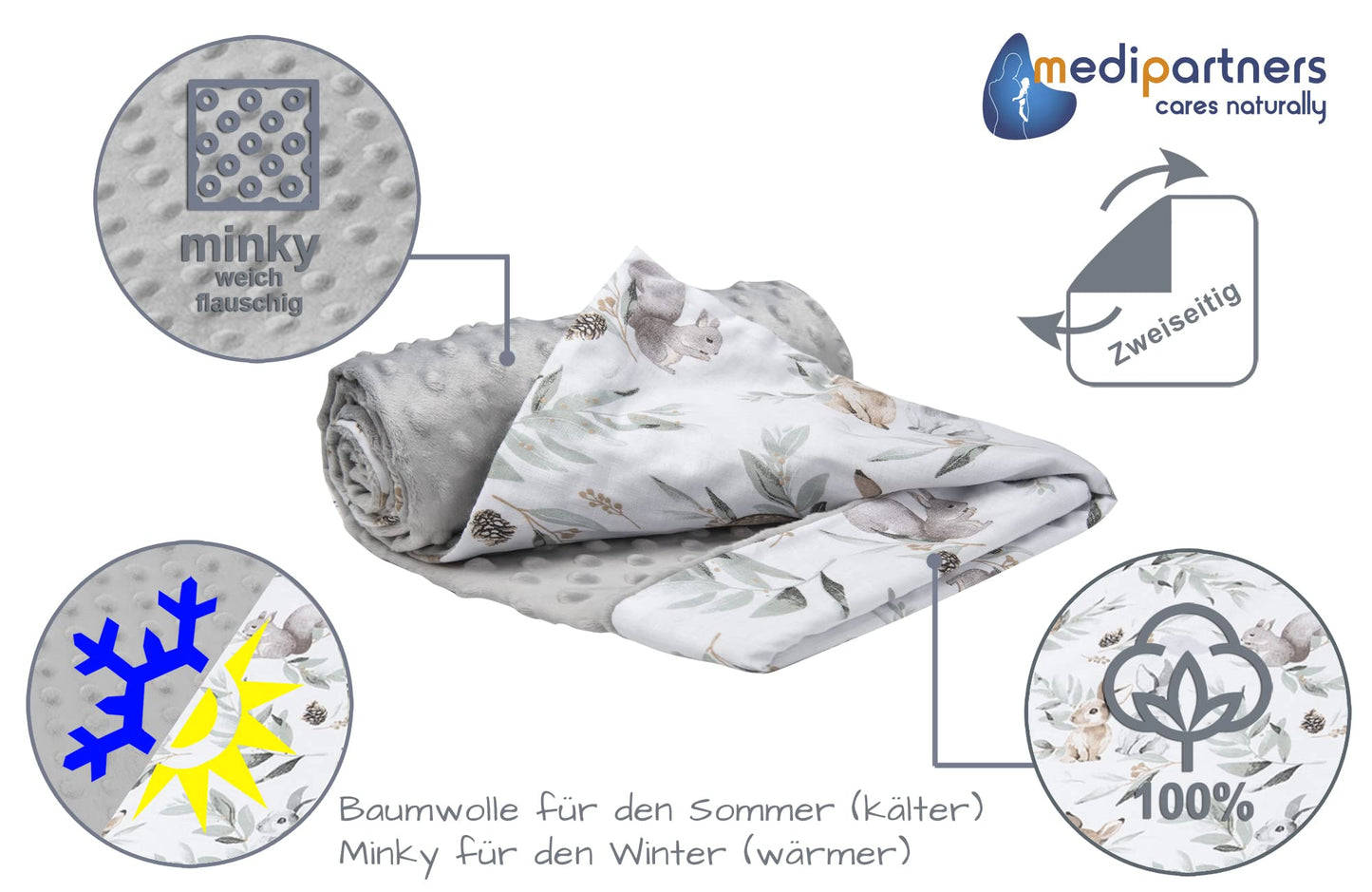 Medi Partners Babydecken Baby 100% Baumwolle Krabbeldecke Babydecke 75x100cm doppelseitig Kinderbett Minky Kuscheldecke Kinderwagen (REH mit grauem Minky)