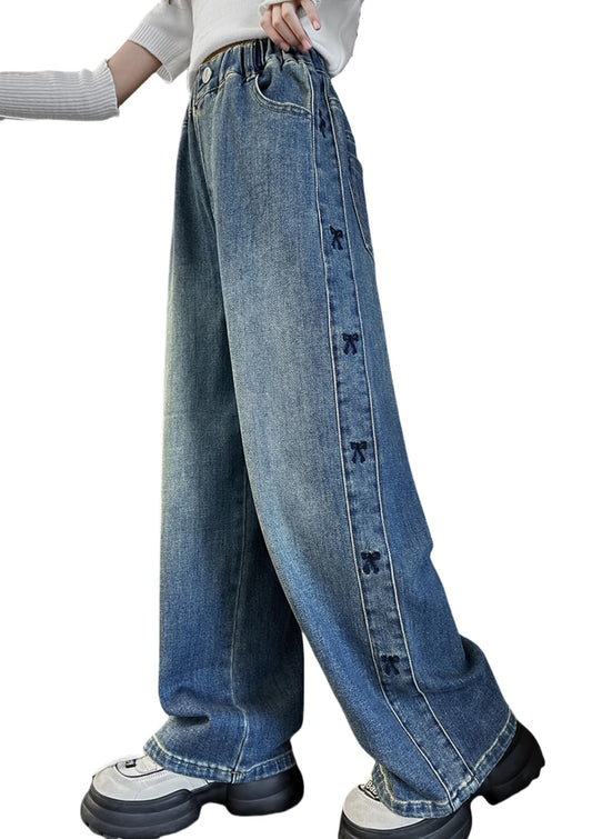 Rolanko Girls' Jeans Trousers with Hole, Denim Blue Jeans, Vintage Trousers With Wide Leg for Children