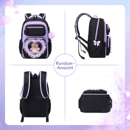 Schulrucksack Mädchen Herzdesign 22L mit Gepäckgurt für Schule | Spitze & Schleifendetails, Ergonomische 3D-Rückenpolsterung, wasserabweisendes Polyester, zahlreiche getrennte Fächer