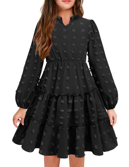 Arshiner Dress Girls Festive Flounce V-Neck Long Sleeve Dress Swiss Dot Chiffon Dress Children Tiered Dress A-Line Party Dress Wedding Princess Dress Swing Skater Dress 5-12 Years 