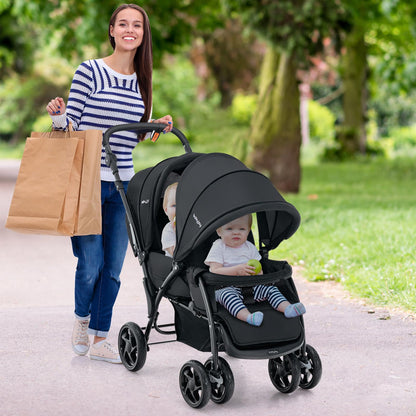 COSTWAY Folding Double Pushchair, Twin Pushchair with Adjustable Backrest and Hood, Travel Buggy with Reclining Function, Twin Buggy Pushchair for Baby from 6 Months, 30 kg Load Capacity (Grey)